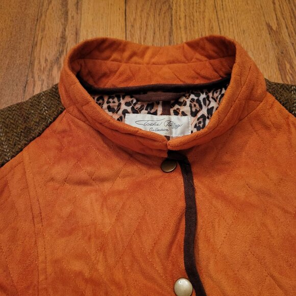 Tasha Polizzi Orange Quilted Coat L Leopard Print Lining Brown Tweed Trim Patche - Picture 9 of 10